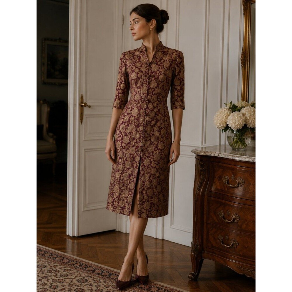 Vintage Endless Knot Art 100% Silk Asian Robe Dress Women’s S Mauve Floral